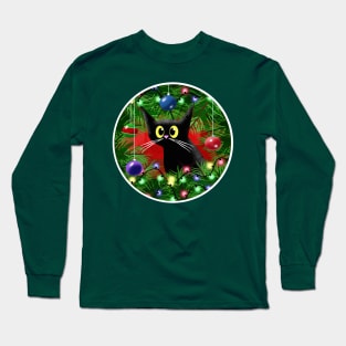 Cat and Christmas Tree Long Sleeve T-Shirt